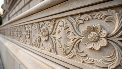 Obraz premium A medium closeup of an engraved stone facade focusing on the intricate floral motifs that emerge from the smooth surface emphasizing detail and craftsmanship.