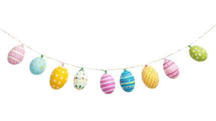 Easter eggs hanging on a string transparent background