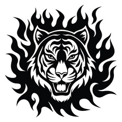 Fierce tiger head logo with flaming design in black and white silhouette vector isolated on white background
