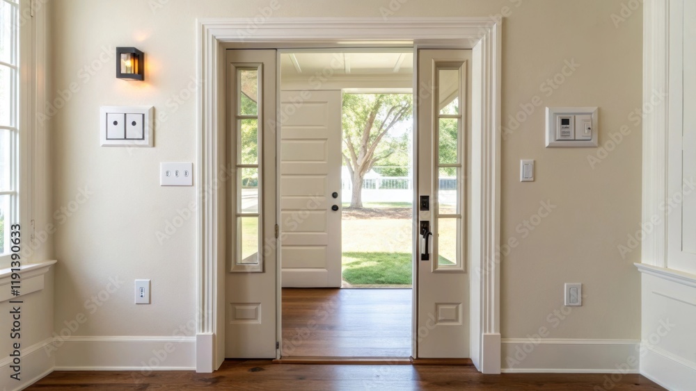Aufkleber a medium closeup of an open door framed by freshly painted walls and electric outlets capturing the 