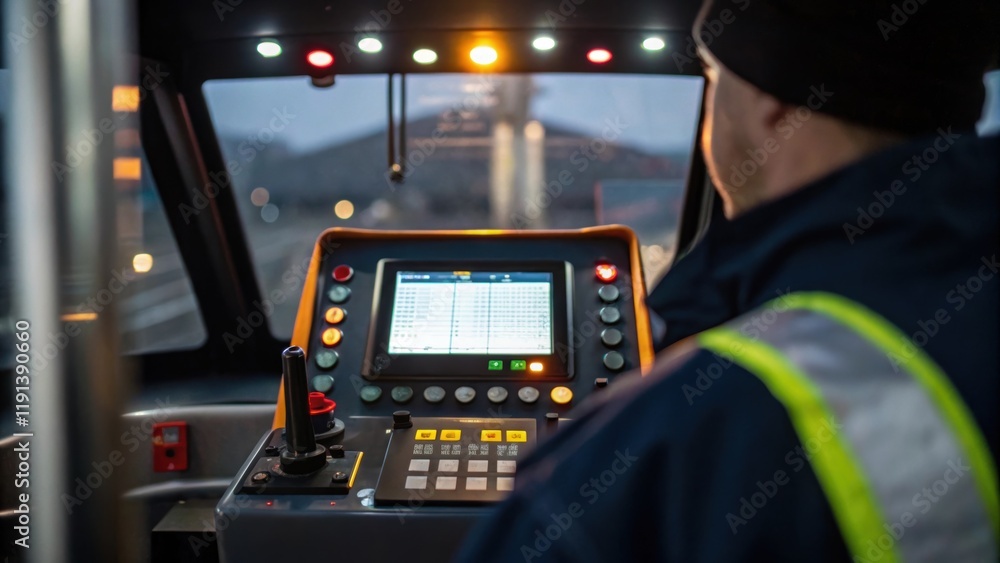Aufkleber A medium closeup of an operator checking a digital display on a cranes control console illuminated by soft ambient light showcasing the technology used in modern machinery