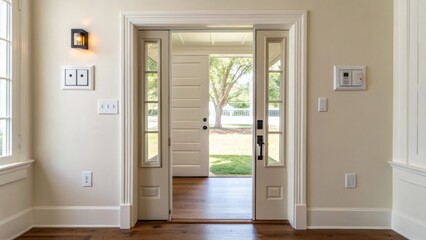 A medium closeup of an open door framed by freshly painted walls and electric outlets capturing the bright and inviting atmosphere of a newly constructed home.