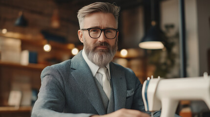 A professional tailor in a stylish suit working in a modern studio, showcasing expertise and craftsmanship