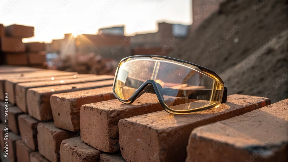 Poster a medium closeup of a pair of safety goggles resting atop a pile of bricks with sunlight glinting of
