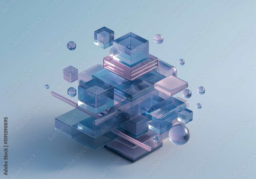 Poster 3d geometric shapes and abstract design with floating glass cubes and spheres in a modern style