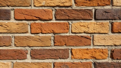 Fototapeta premium A medium closeup of a of bricks in various shades of brown and orange with contrasting textures where the mortar reveals a rough or uneven application between them.