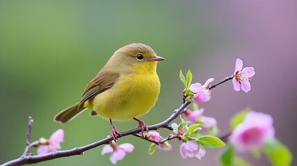 Yellow Warbler Perched on Blossoming Pink Spring Tree Branch : Generative AI