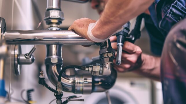 A close-up of a plumber fixing a pipe under a sink, with various tools and parts around, Plumbing scene