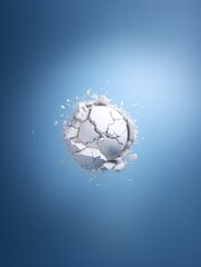 Fototapeta premium A white cracked sphere mid-explosion, scattering debris in all directions, set against a clean blue gradient background, creating a dynamic and modern visual effect.