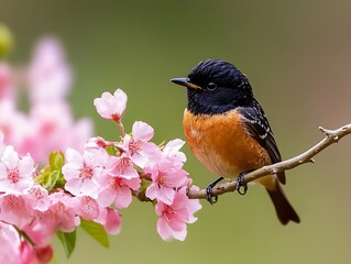 Colorful Songbird on Cherry Blossom Branch in Springtime Garden Setting : Generative AI