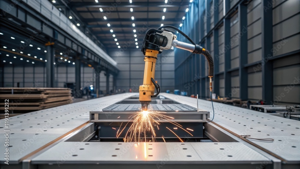 Aufkleber A medium closeup of a robotic arm assembling prefabricated panels onsite demonstrating automation in construction with sparks flying from welding and various tools nearby.