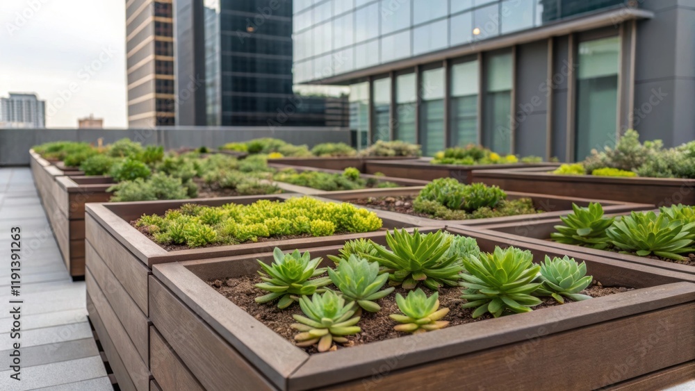 Poster a medium closeup of a roof garden made of modular planting boxes showcasing a variety of succulents.