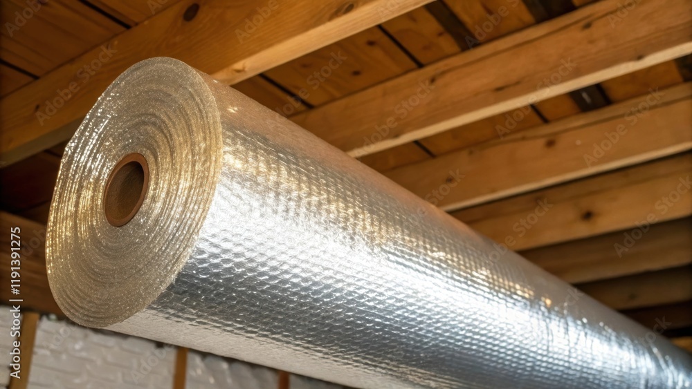 Poster A medium closeup of a roll of reflective insulation being unrolled on a ceiling joist with sunlight gleaming off its shiny surface.
