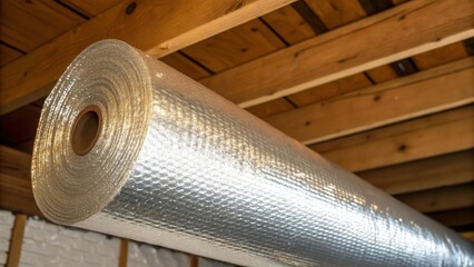A medium closeup of a roll of reflective insulation being unrolled on a ceiling joist with sunlight gleaming off its shiny surface.