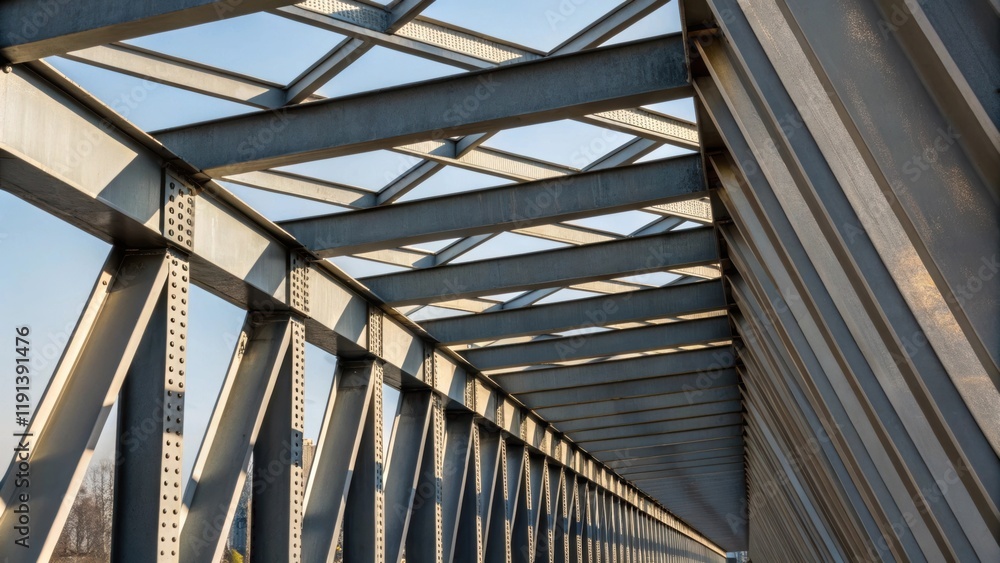 Poster A medium closeup of a series of steel beams intersecting at right angles highlighting the uniformity in their placement. The metallic sheen and shadows cast between the beams