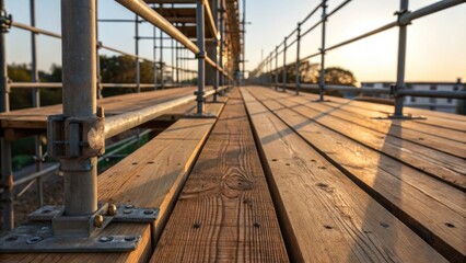 A medium closeup of a scaffold deck being laid showing wooden planks and metal brackets. The texture of the materials is highlighted along with the shadows cast by the late