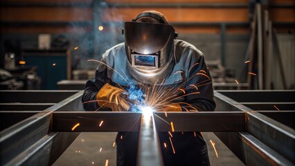 A medium closeup of a skilled craftsperson welding two metal beams together sparks flying demonstrating the technical expertise involved in creating job opportunities through
