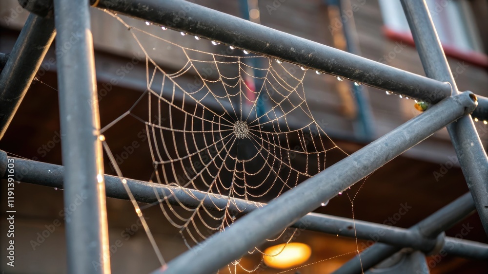Poster A medium closeup of a spiderweb intertwined with scaffolding showcasing the contrast between the organic fluid lines of the web and the harsh geometric shapes of the metal