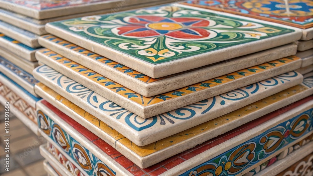 Poster A medium closeup of a stack of tiles showcasing intricate patterns and glazes
