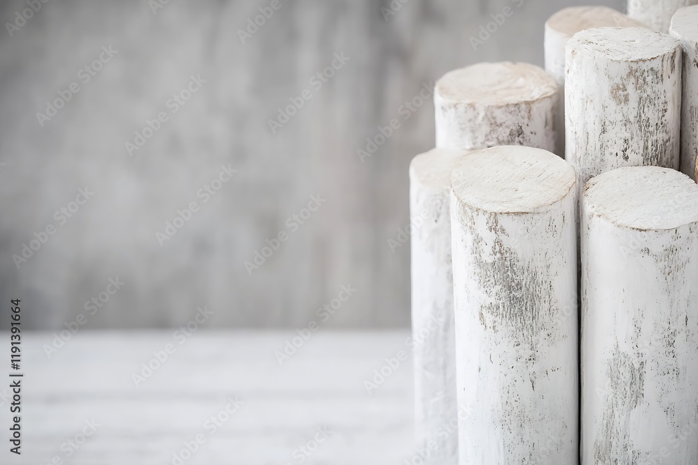 Poster Minimalist Artistic Arrangement of Textured Wooden Posts in White : Generative AI