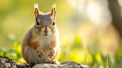 Fototapeta premium Playful Squirrel Standing Among Lush Greenery in Sunlit Forest Setting : Generative AI