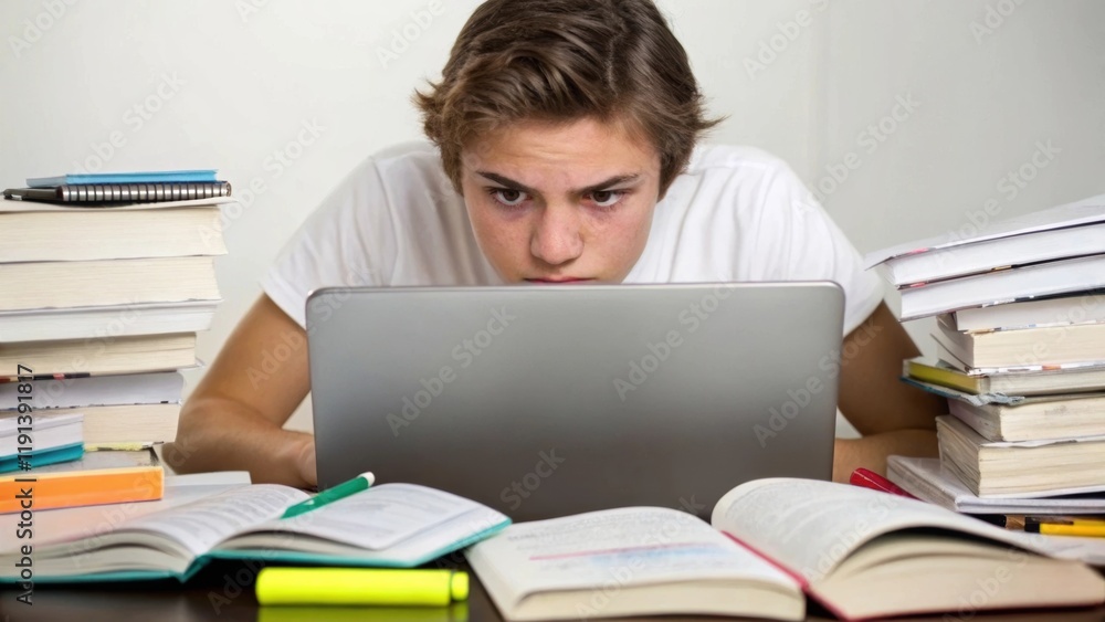Poster a medium closeup of a students furrowed brow and focused eyes typing intently on a laptop amidst ter
