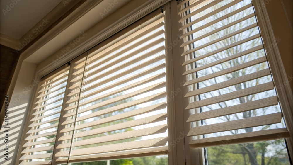 Aufkleber A medium closeup of a sunshade over a window designed with angled slats that allow sunlight to filter in while reducing heat gain merging function with aesthetic appeal.