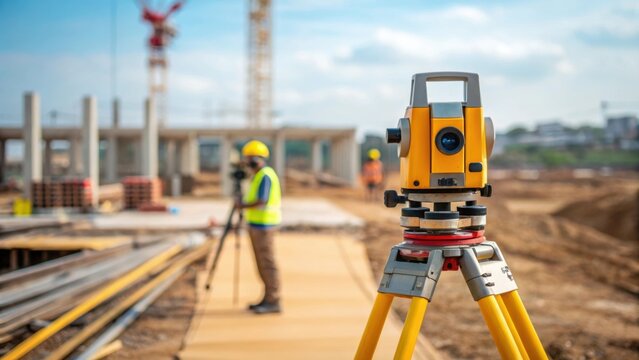 A medium closeup of a surveying instrument set up on a construction site with workers in the background measuring land illustrating the importance of precision in building