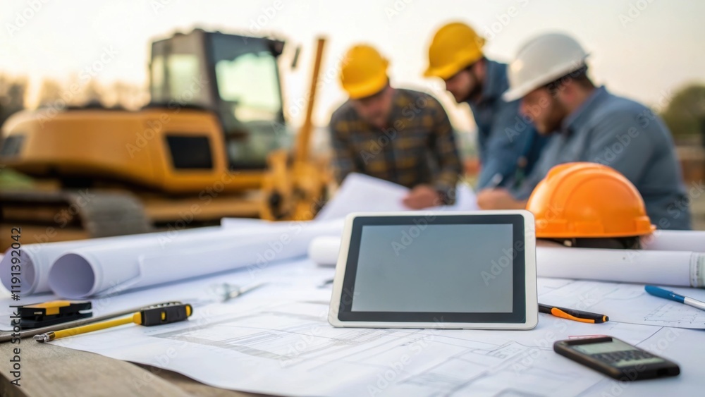 Aufkleber A medium closeup of a team of engineers gathered around a digital tablet analyzing specifications and plans with construction equipment visible onsite in the background.