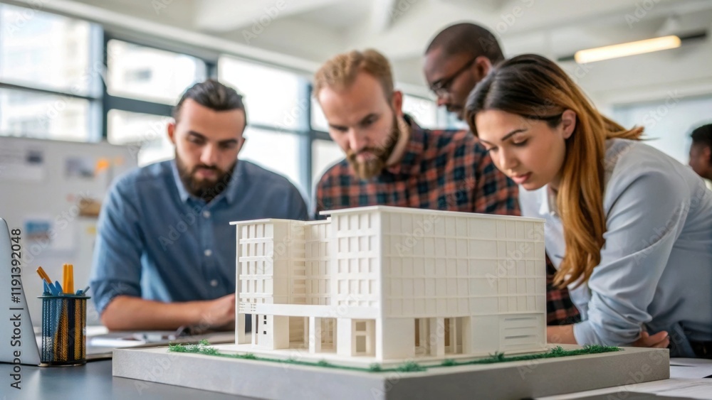 Leinwandbilder A medium closeup of a team of workers collaborating around a 3Dprinted model of a building illustrating innovative design techniques that address spatial challenges.