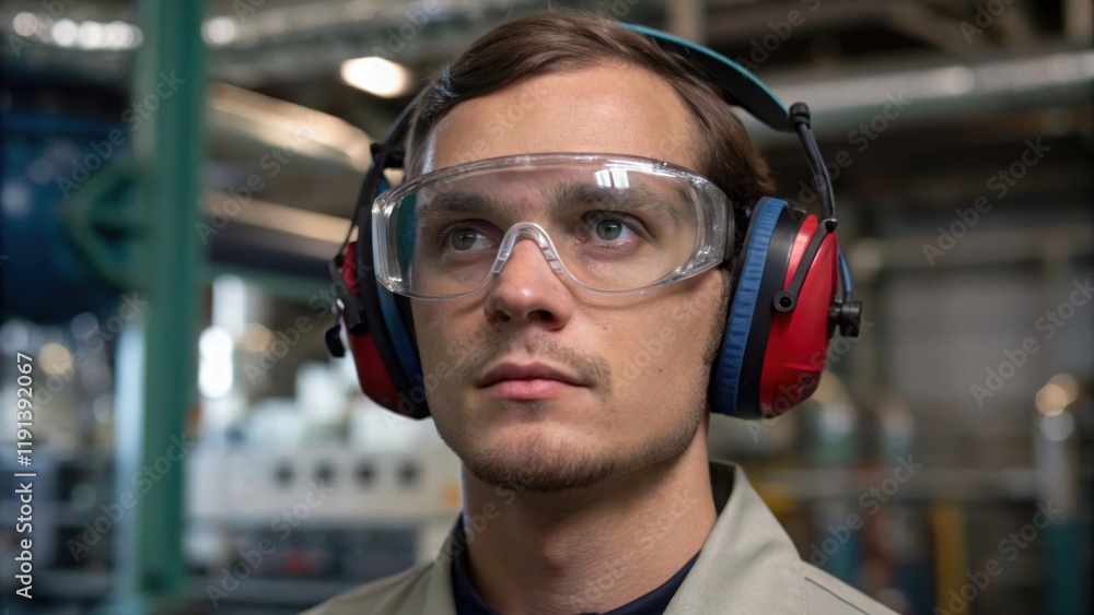 Aufkleber A medium closeup of a technician in a lab setting sporting soft padded ear protection with faint reflections of complex machinery on the lenses of their safety glasses illustrating