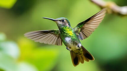 Fototapeta premium Graceful Hummingbird Hovering Midair with Vibrant Green Plumage in Nature : Generative AI