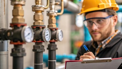 Fototapeta premium A medium closeup of a technician with a clipboard inspecting piping systems showcasing intricate valves and gauges designed for water flow regulation.