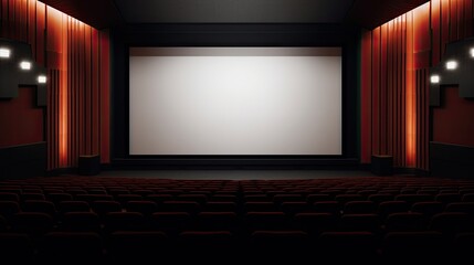 Movie auditorium with red curtains and blank screen.