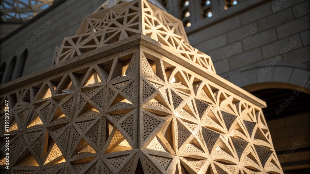 Poster A medium closeup of a unique architectural feature being printed displaying the interplay of light and shadow on its complex geometric shapes.