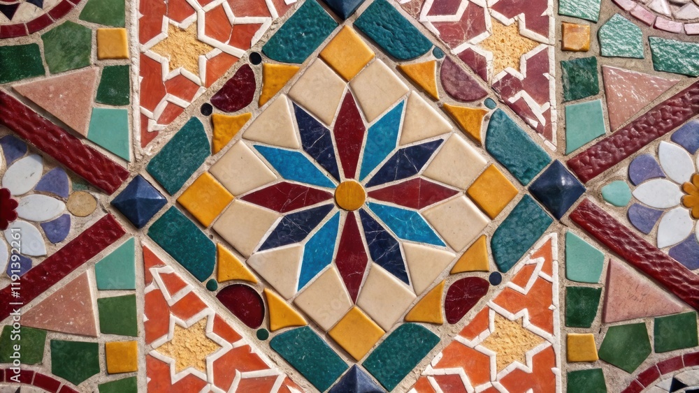 Aufkleber A medium closeup of a vibrant mosaic tile featuring an array of colors and geometric patterns capturing the rich textures created by small irregular pieces.