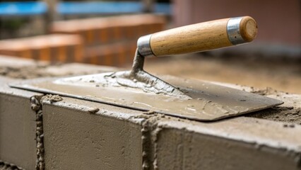 A medium closeup of a trowel smoothing freshly applied mortar highlighting the creamy consistency of the mix with glistening droplets capturing the light as they cling to the tools