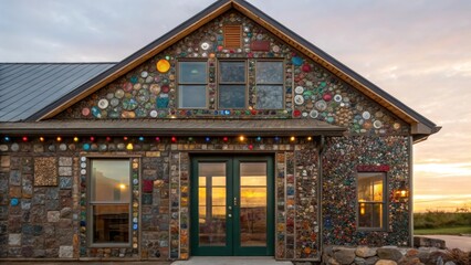 Naklejka premium A medium closeup of a unique building exterior composed entirely of recycled materials showcasing an eclectic mix of textures and colors that create a vibrant mosaic effect under