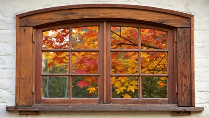 A medium closeup of a vintagestyle cat window reveals charming panes of glass each reflecting the vibrant autumn leaves outside evoking a sense of nostalgia.