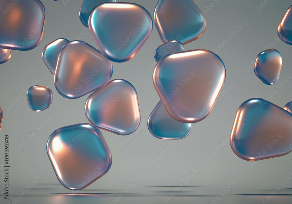 Poster abstract shapes floating in colorful reflections with smooth textures and modern design