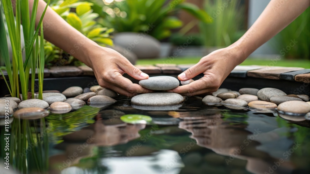 Poster a medium closeup of a water feature installation showing hands expertly arranging smooth river stone