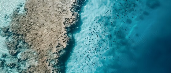 Aerial View of Coral Reef and School of Fish in Crystal Clear Water