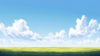 Fototapeta premium Serene Meadow Under a Bright Blue Sky With Puffy Clouds