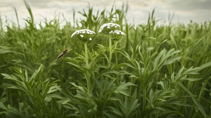 Obraz premium Insect flying over flowering plants in a green field under a cloudy sky; nature background for ecological or agricultural use