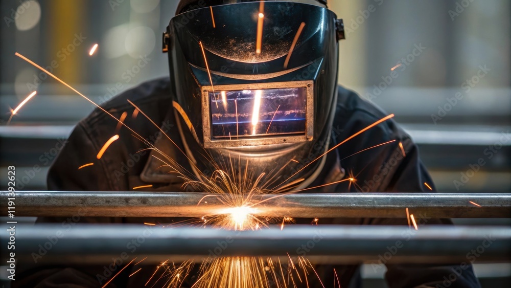 Poster a medium closeup of a welders mask reflecting sparks as metal beams are being joined together emphas