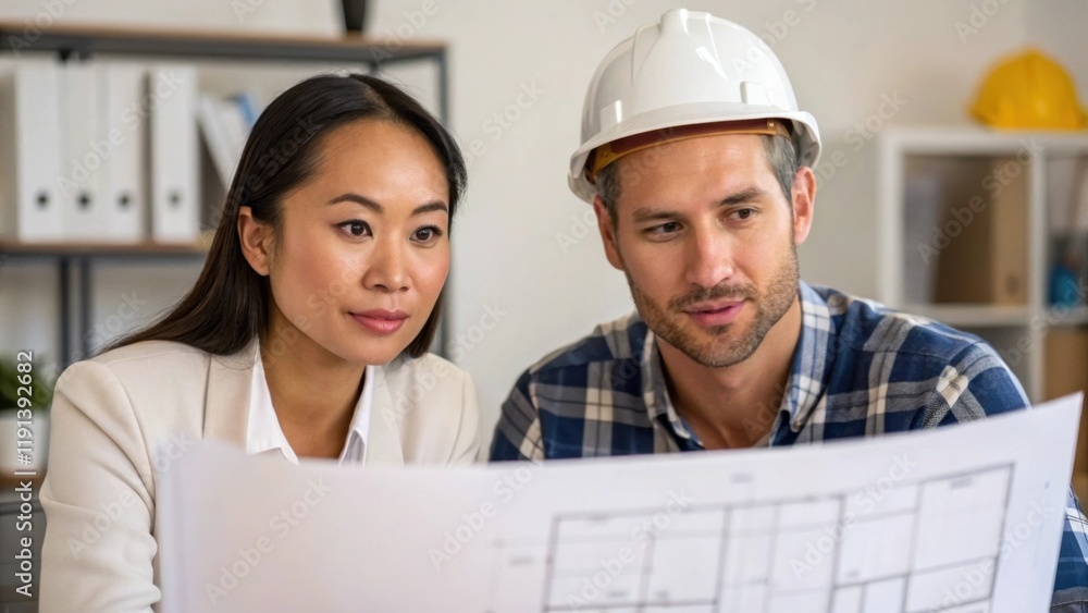 Aufkleber a medium closeup of a woman and a man of different ethnicities discussing over a set of construction