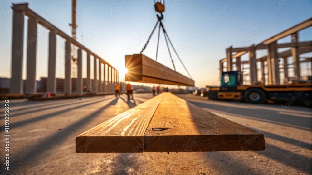 Poster A medium closeup of a wooden beam being hoisted by a crane the sun casting long shadows on the ground highlighting the scale of the materials and the dynamic nature of the