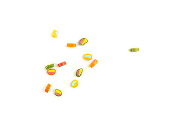 Round gummy candy piles set isolated. Small chewing colorful jellybeans, marmalade cuts, pills