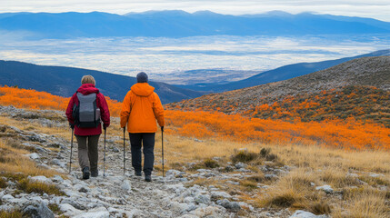 scenic autumn mountain hike with couple enjoying panoramic valley view and vibrant fall foliage on a breathtaking trail adventure