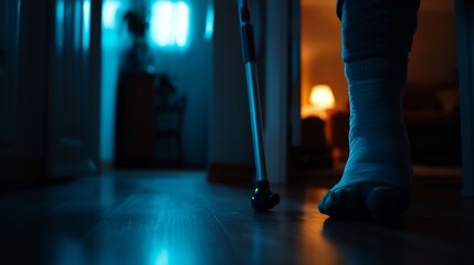 Fototapeta premium Nightfall Injury: A solitary figure navigates their home with a bandaged foot and a crutch, illuminated by the soft glow of indoor lighting.